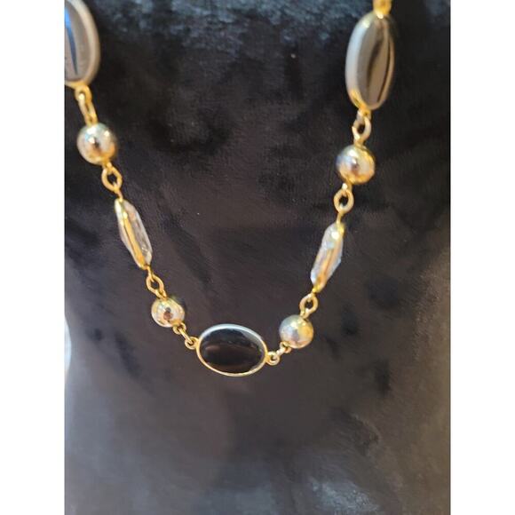Women's Gold Tone Black Clear Oval Beaded Necklace Round Spring Lock Jewelry - Picture 5 of 6
